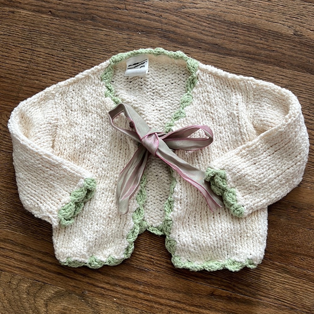 Hand knit 6-12 month sweater w/ silk ribbon closure